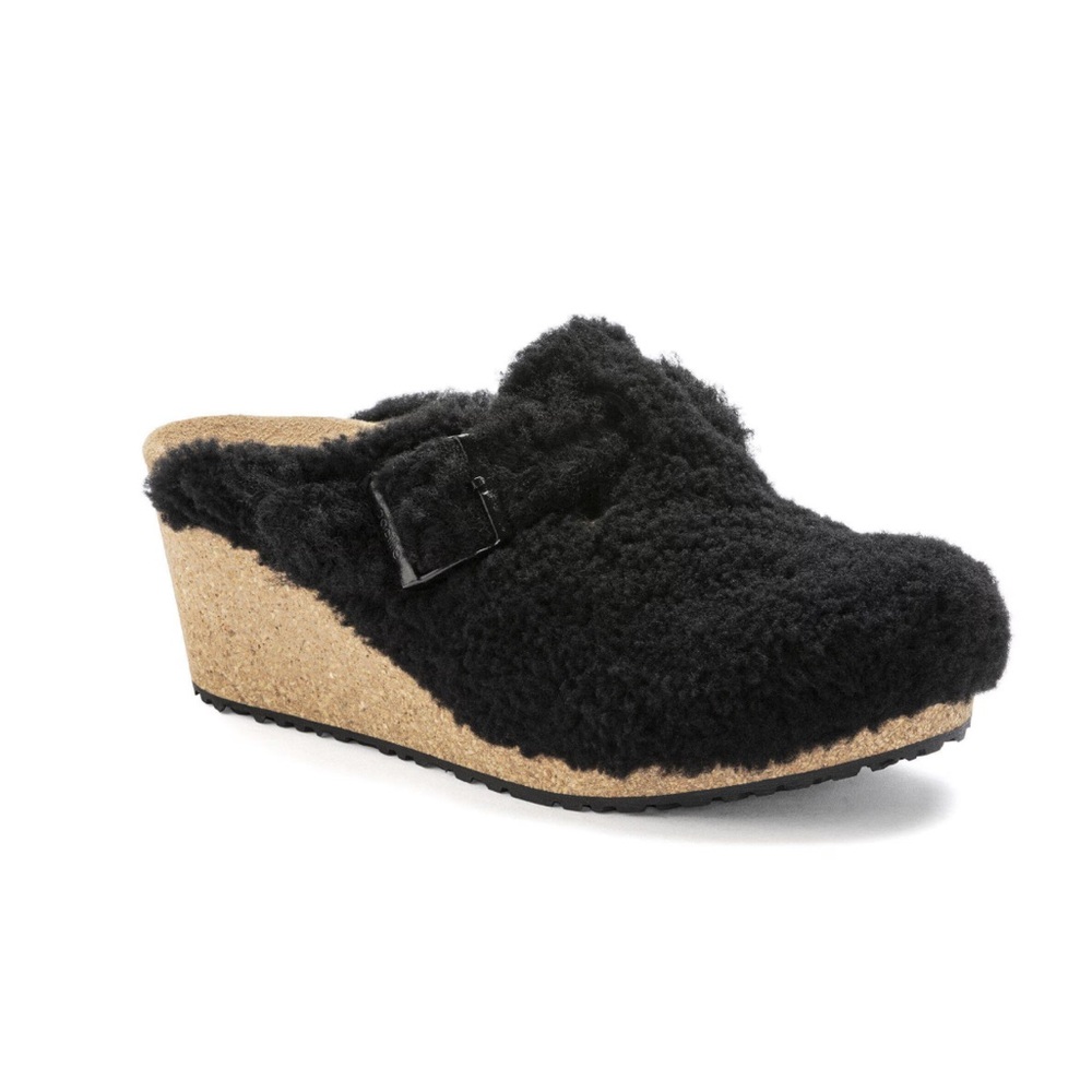 Awesome Birkenstock Papillion Black
Shearling Cork Wedge Clog Mules